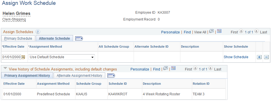 Assign Work Schedule page: Alternate Schedule tab
