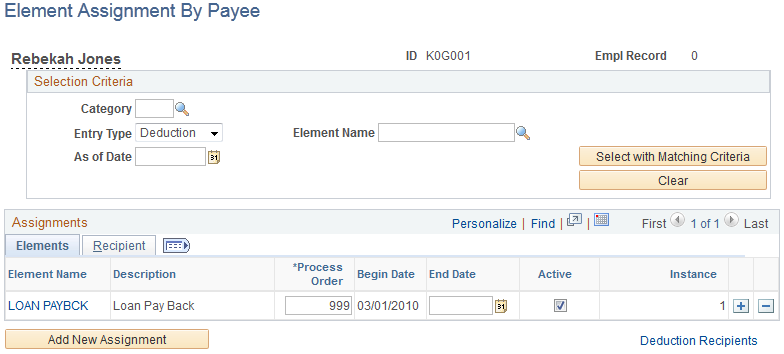 Element Assignment By Payee page