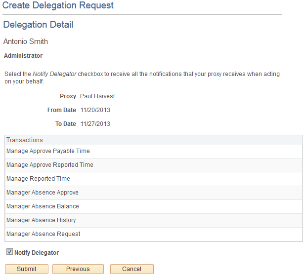 Create Delegation Request - Delegation Detail page.