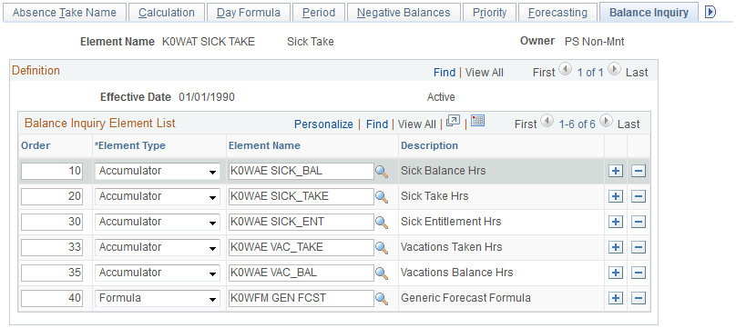 Absence Takes - Balance Inquiry page