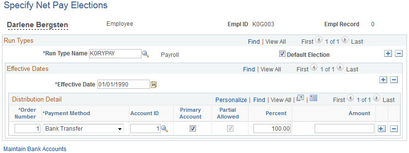 Specify Net Pay Elections page