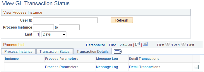 View GL Transaction Status page: Transaction Details tab