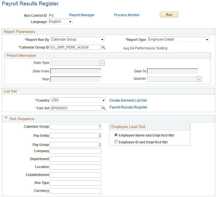 Payroll Results Register page (1 of 2)