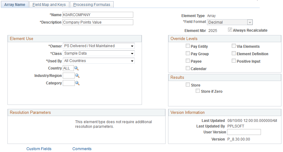 Array Name page