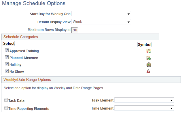 Manage Schedule Options page
