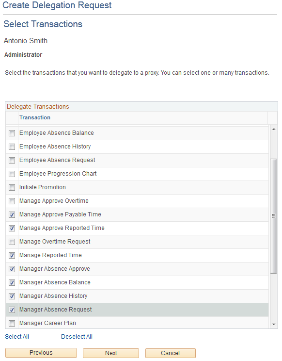 Create Delegation Request - Select Transactions page.