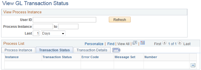 View GL Transaction Status page: Transaction Status tab