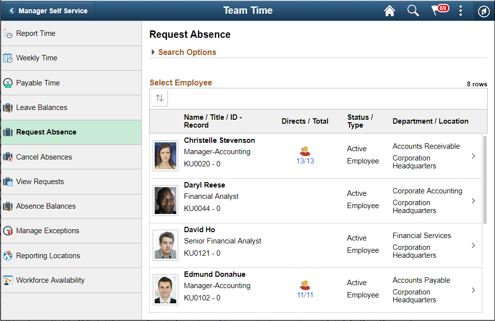 Request Absence (select employee) page