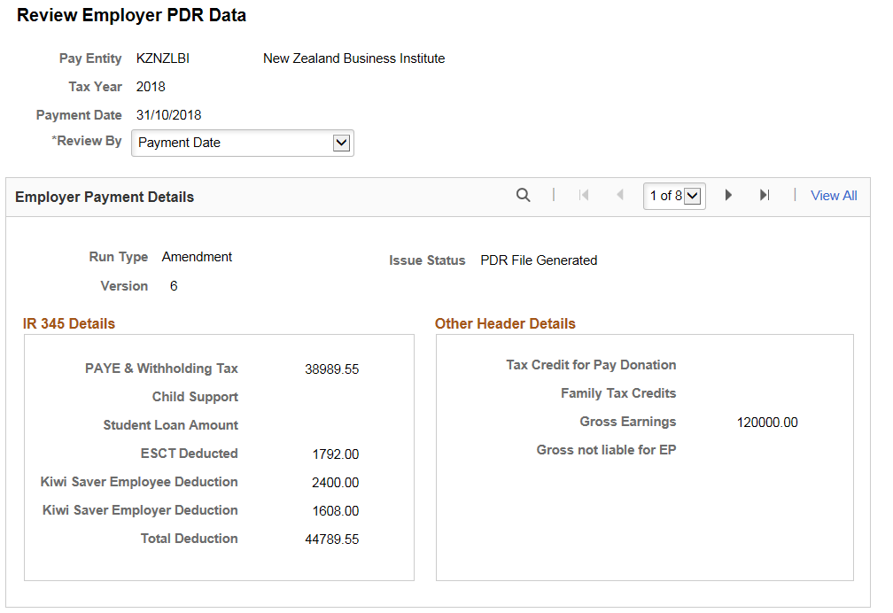 Review Employer PDR Data page