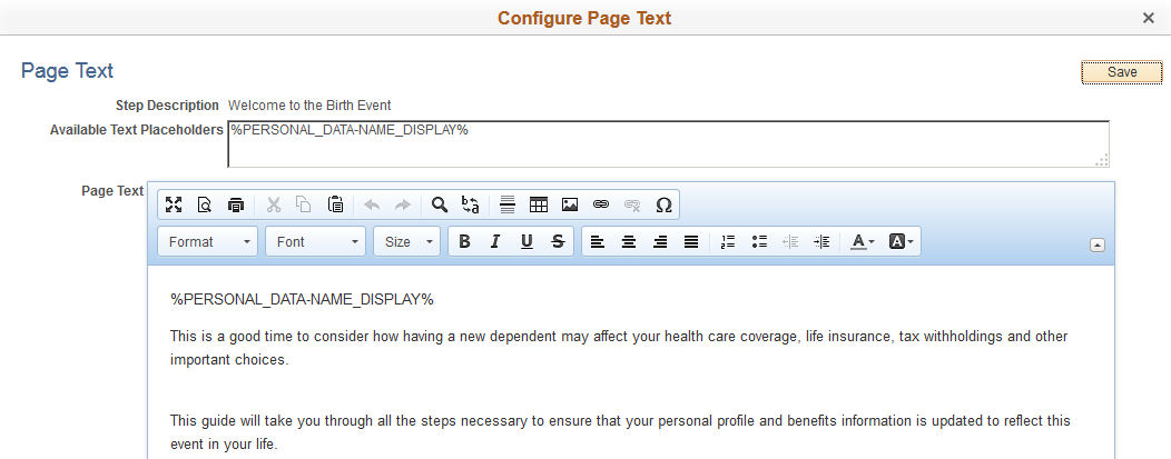 Configure Page Text page