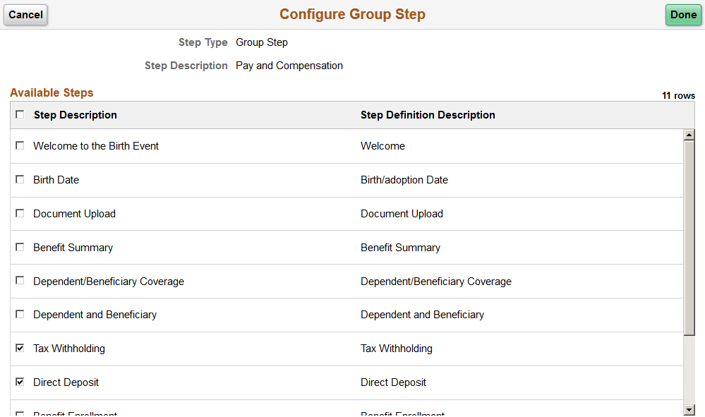 Configure Group Step page