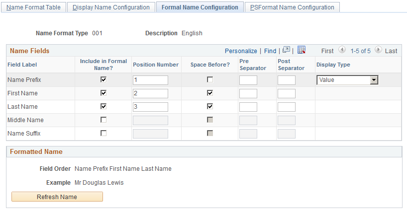 Formal Name Configuration page