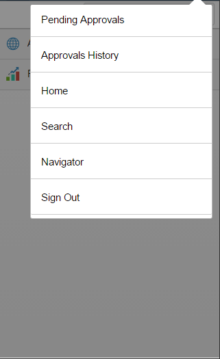 (Smartphone) Action Menu icon showing the drop-down list where you select the Pending Approvals or Approvals History page