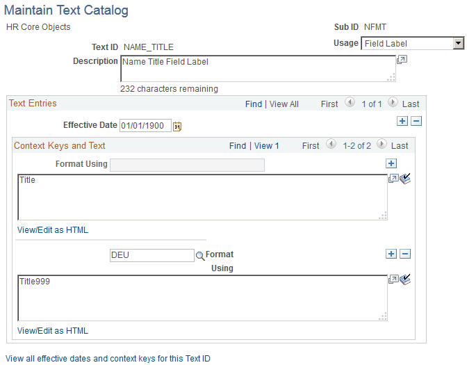 Example of the Maintain Text Catalog