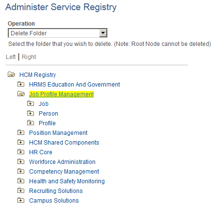 Administer Service Registry page with Delete Folder selected