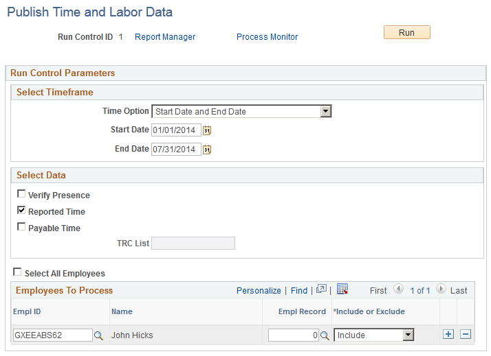 Publish Time and Labor Data page (showing Start Date and End Date time option)