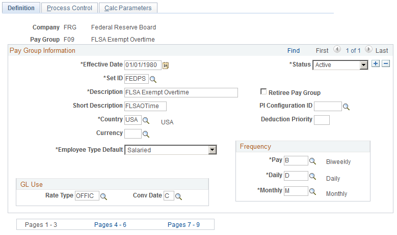 Pay Group Table - Definition page
