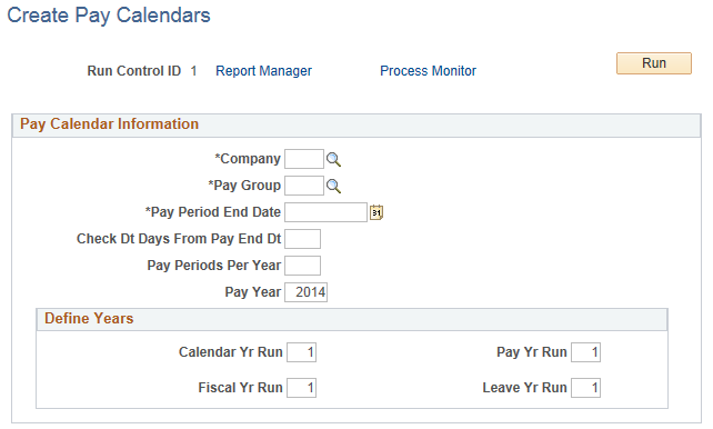 Create Pay Calendars page