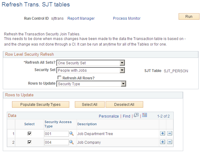 Refresh Trans. SJT tables page