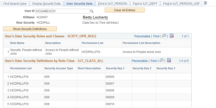 User Security Data page (1 of 2)