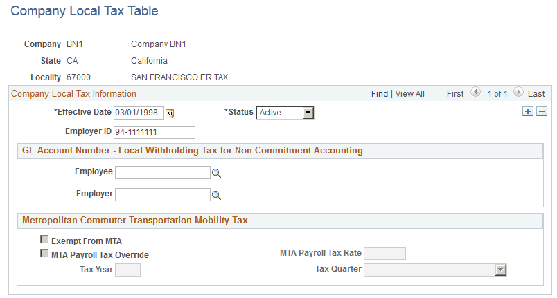 Company Local Tax Table page