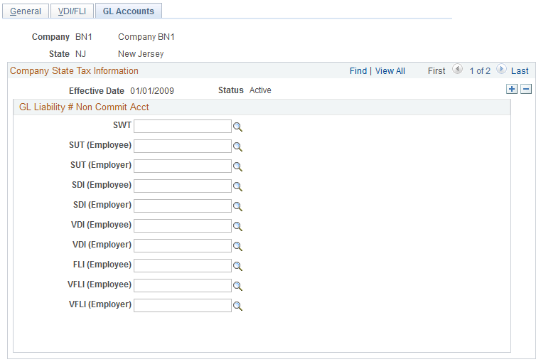 Company State Tax Table - GL Accounts page