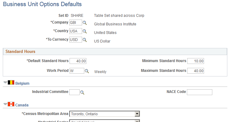 Business Unit Options Defaults page