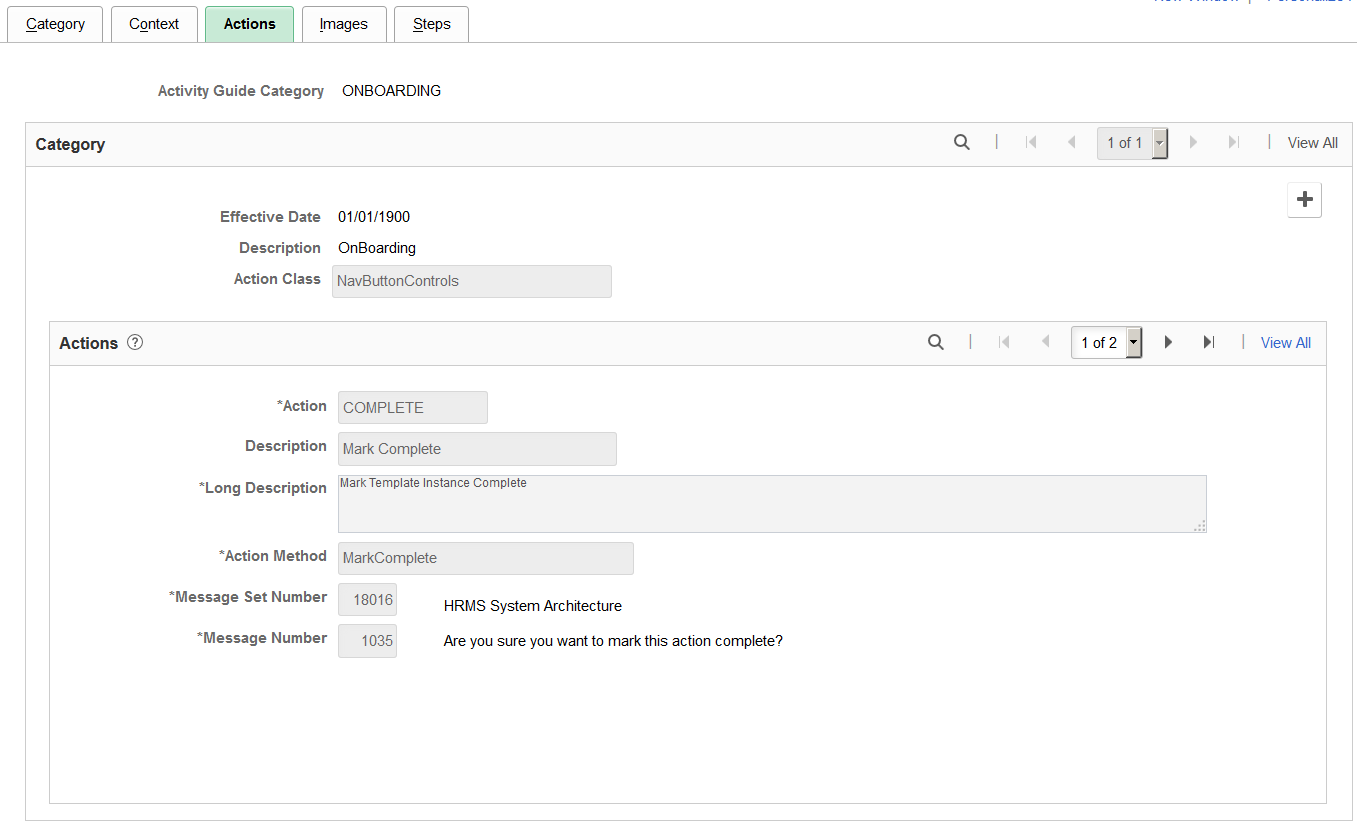 Categories - Actions page