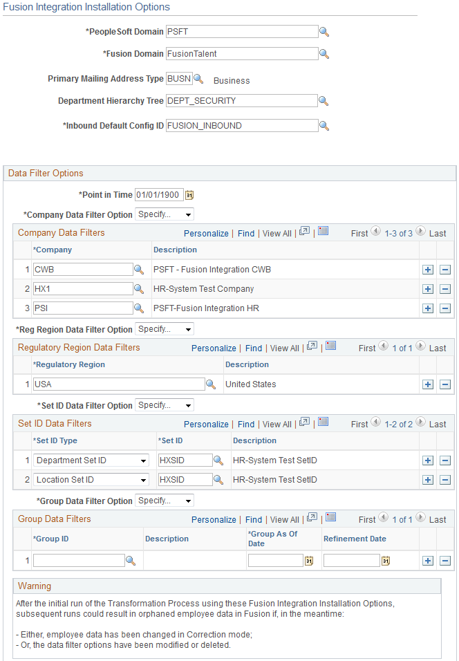 Fusion Integration Installation Options page