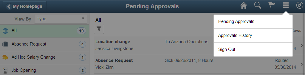 (Tablet) Action Menu icon showing the drop-down list where you select the Pending Approvals or Approvals History page