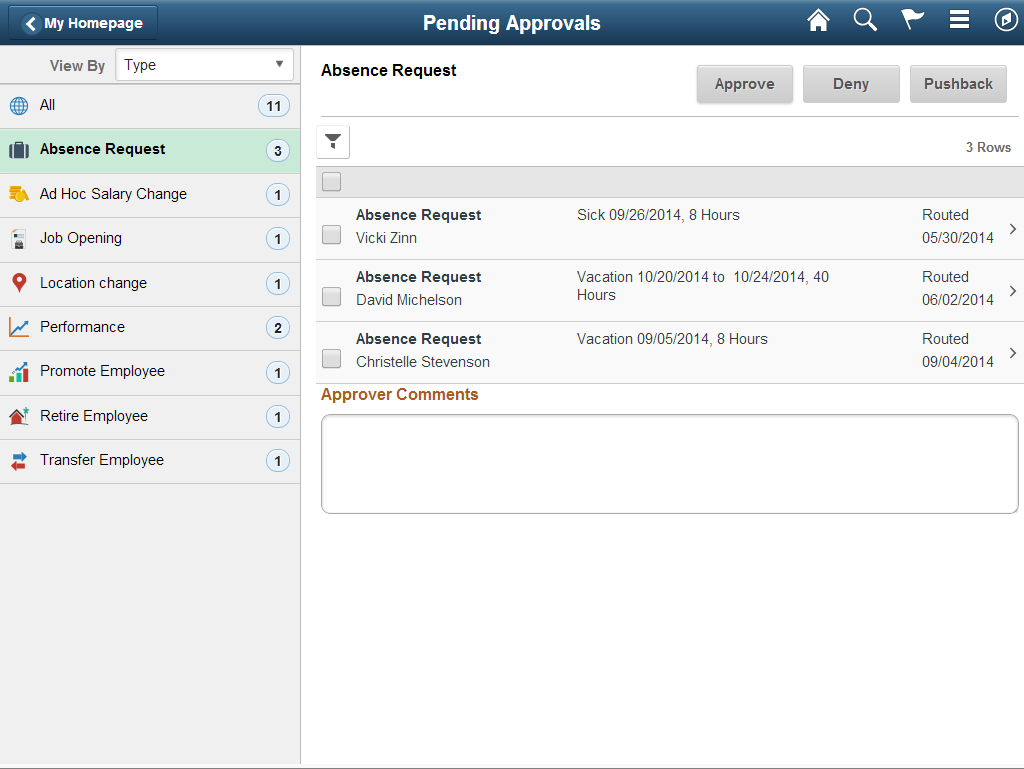 (Tablet) Pending Approvals page showing the Absence Request category with multiple pending approvals