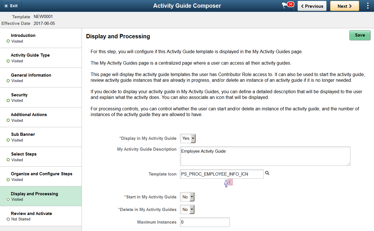 Activity Guide Composer - Display and Processing page
