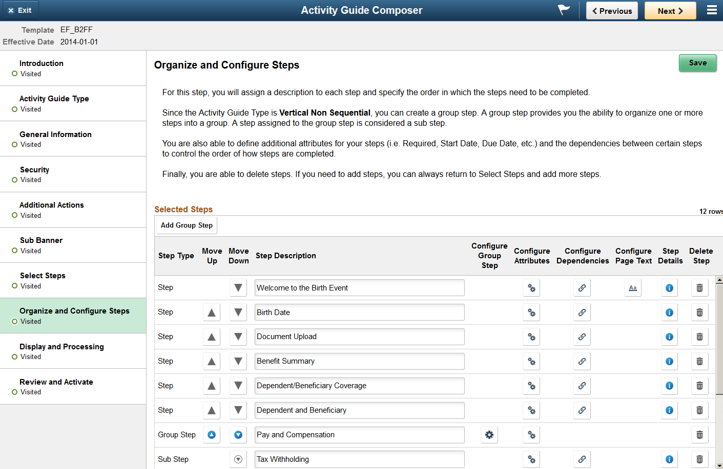 Activity Guide Composer - Organize and Configure Steps page