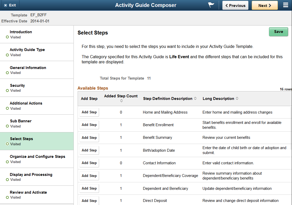 Activity Guide Composer - Select Steps page