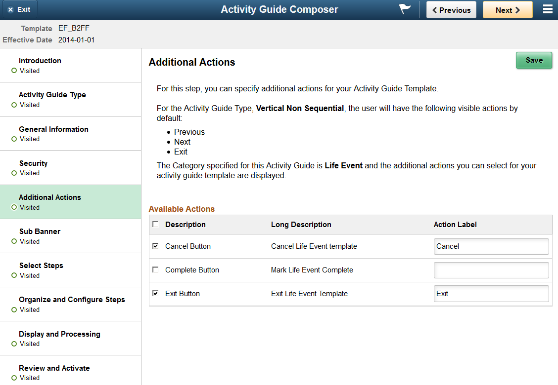 Activity Guide Composer - Additional Actions page