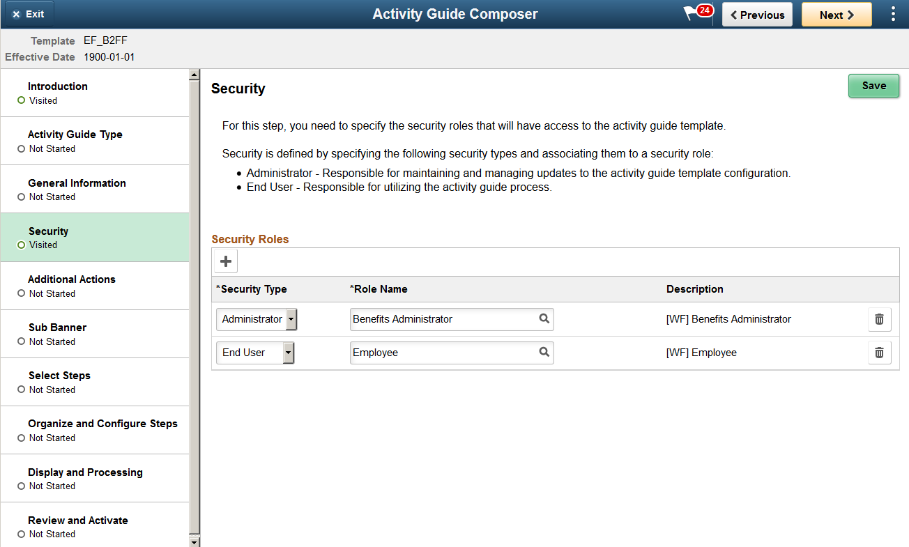 Activity Guide Composer - Security page