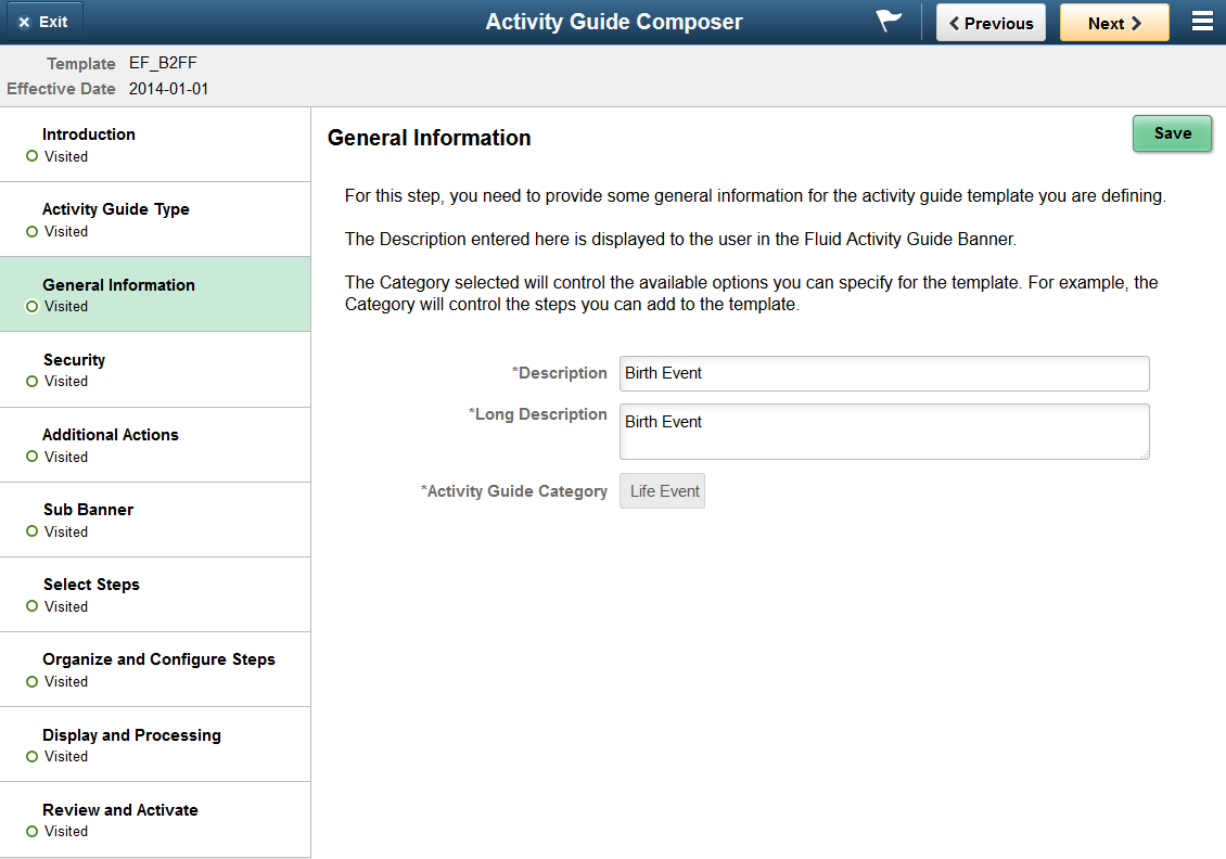 Activity Guide Composer - General Information page