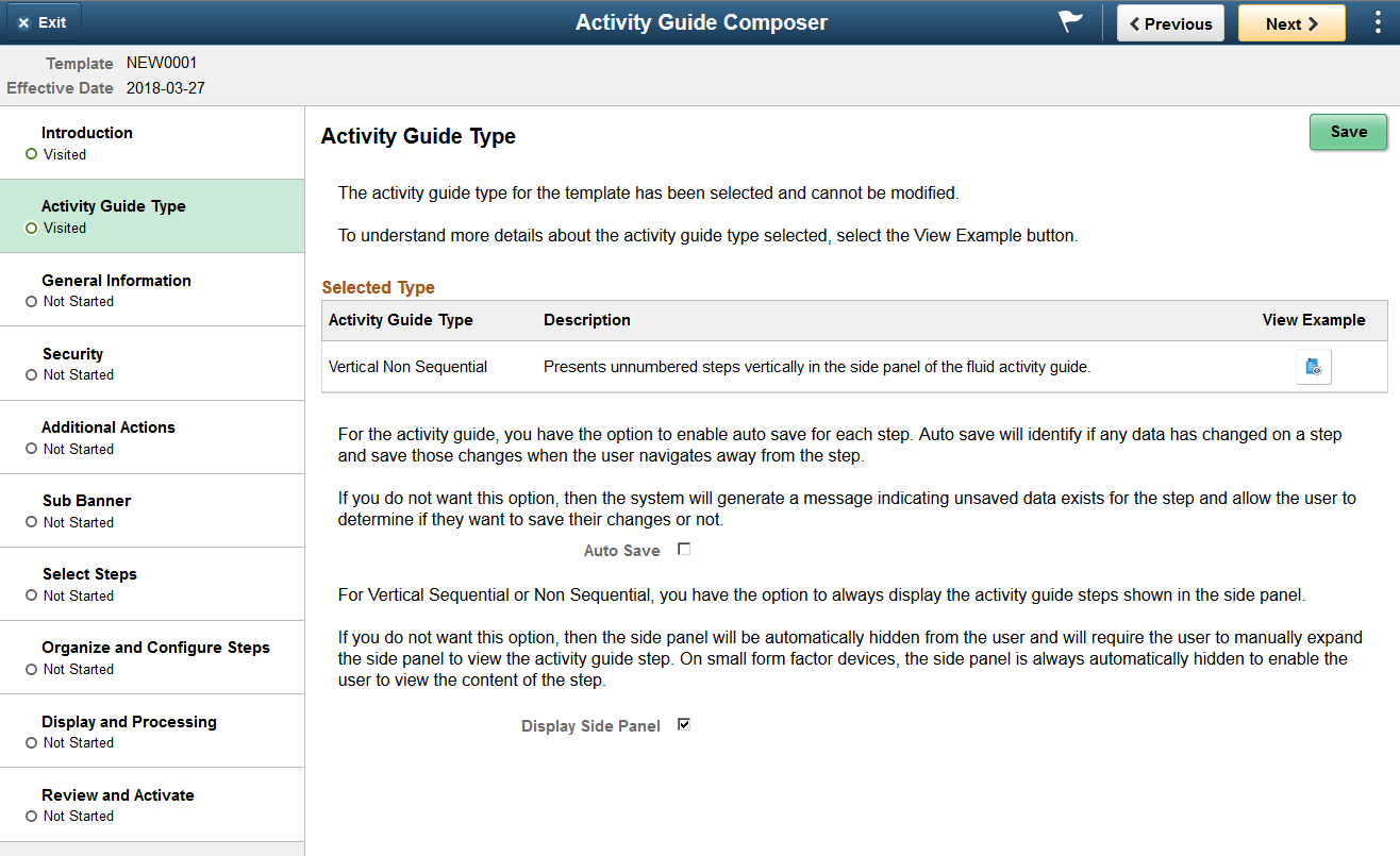 Activity Guide Composer - Activity Guide Type page after a type for the template is already been saved or defined