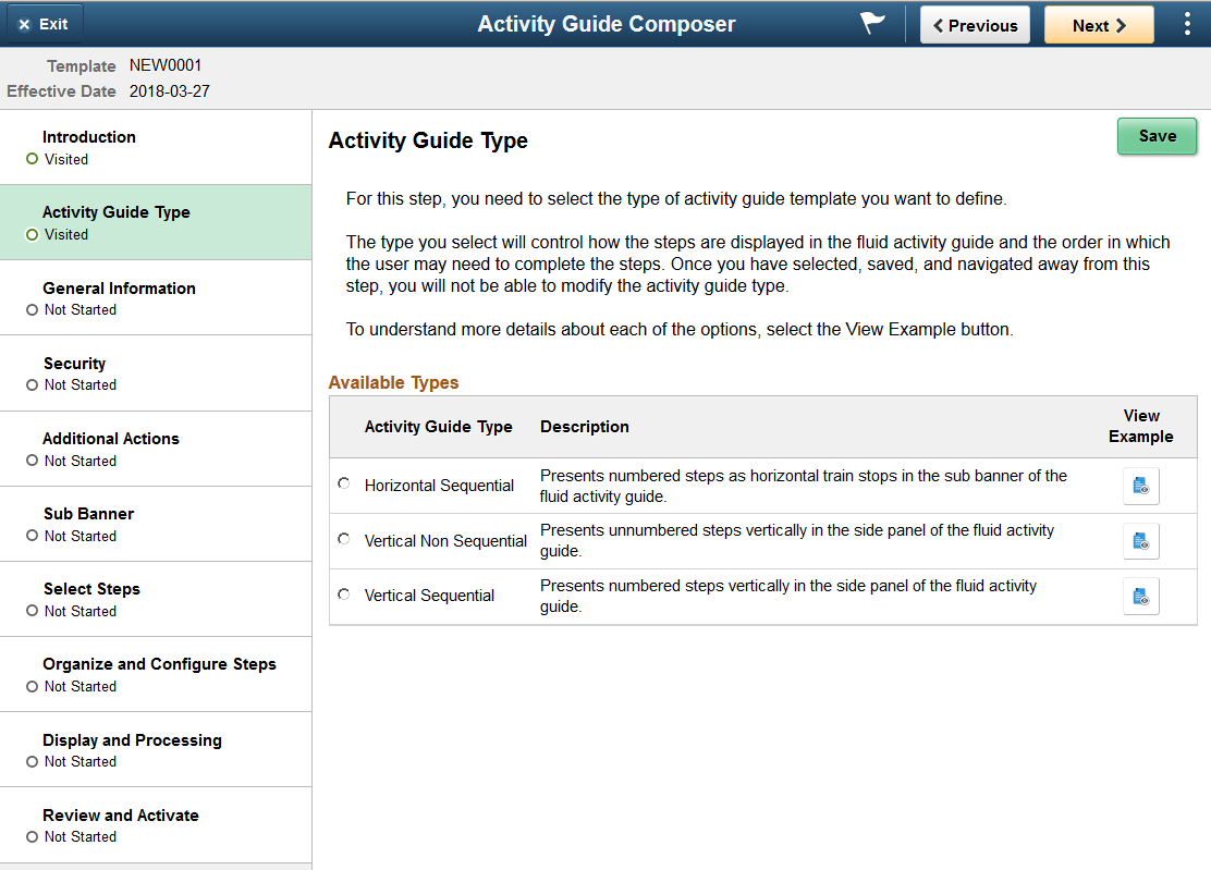 Activity Guide Composer - Activity Guide Type page