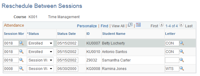 Reschedule Between Sessions page