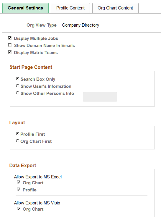 Chart and Profile Settings - General Settings page for the Company Directory org view type