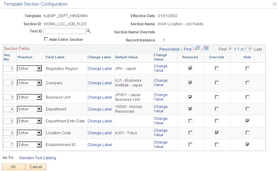 Template Section Configuration page