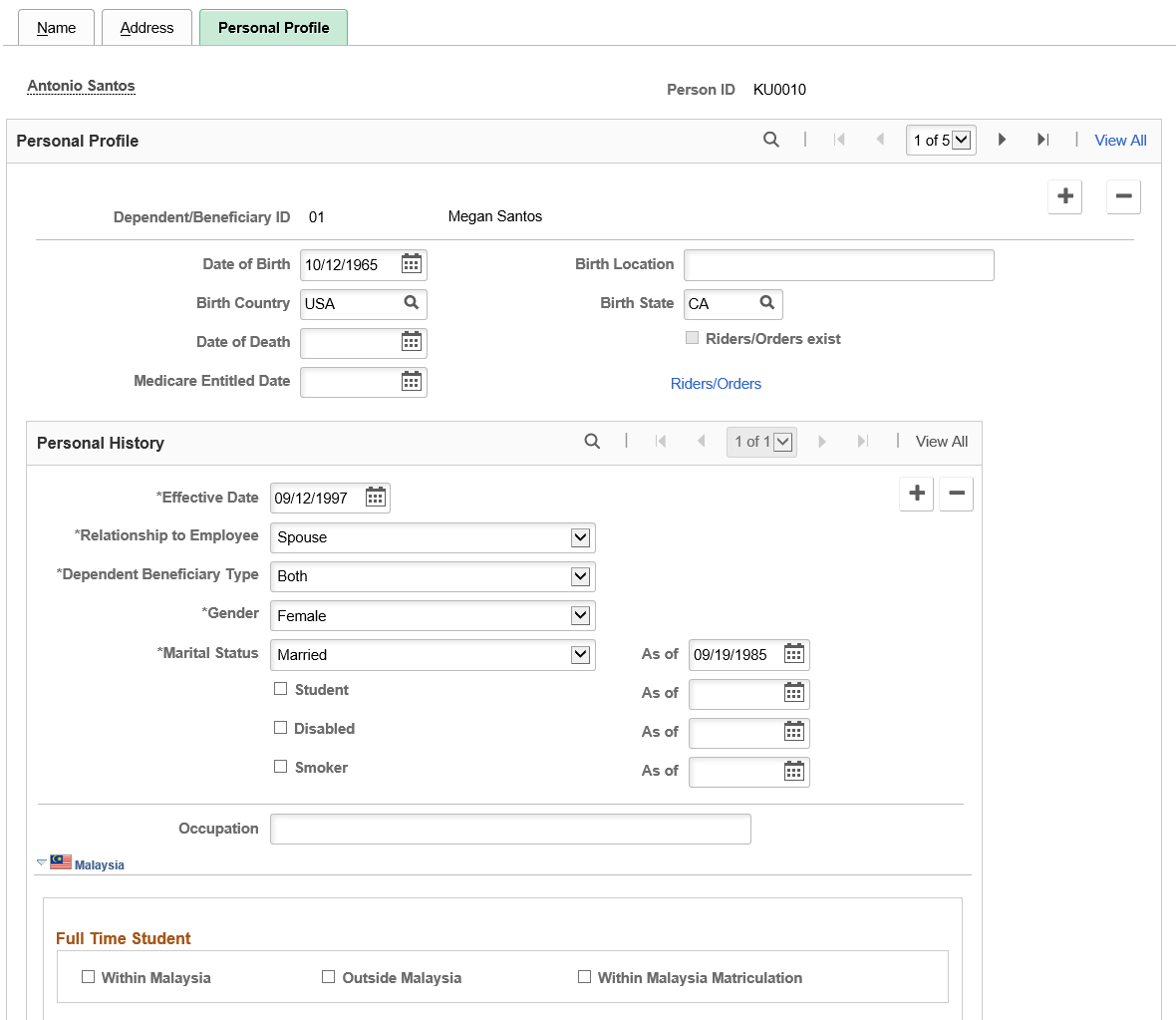 Dependent Information - Personal Profile page (1 of 6)