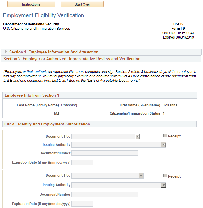 Employment Eligibility Verification page, Section 2 (1 of 3)