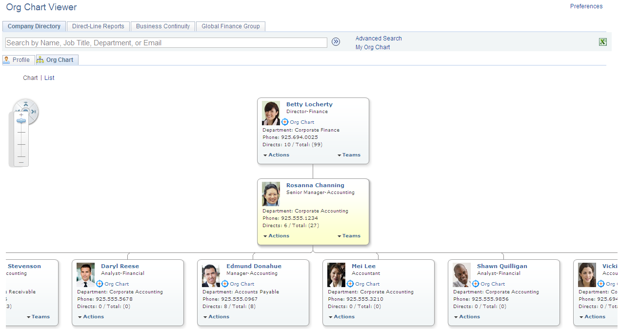 Example of the Org Chart Viewer component where the user has access to the Company Directory folder tab, Direct-Line Reports folder tab, and several team matrix folder tabs.