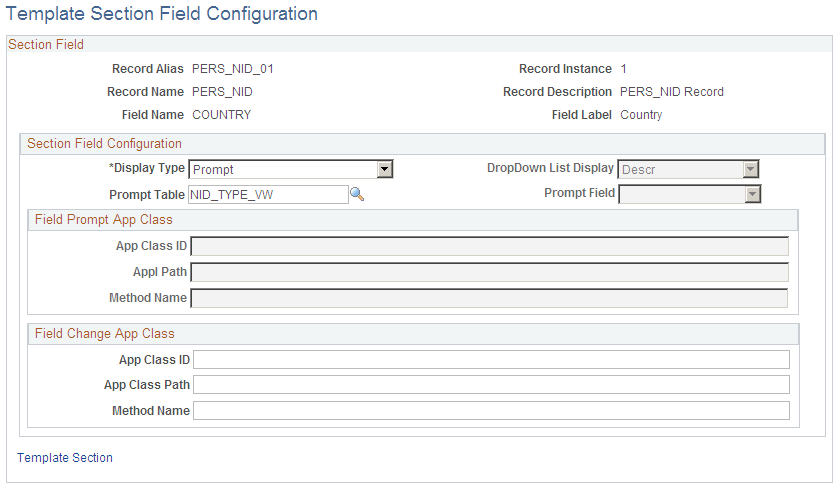 Template Section Field Configuration page