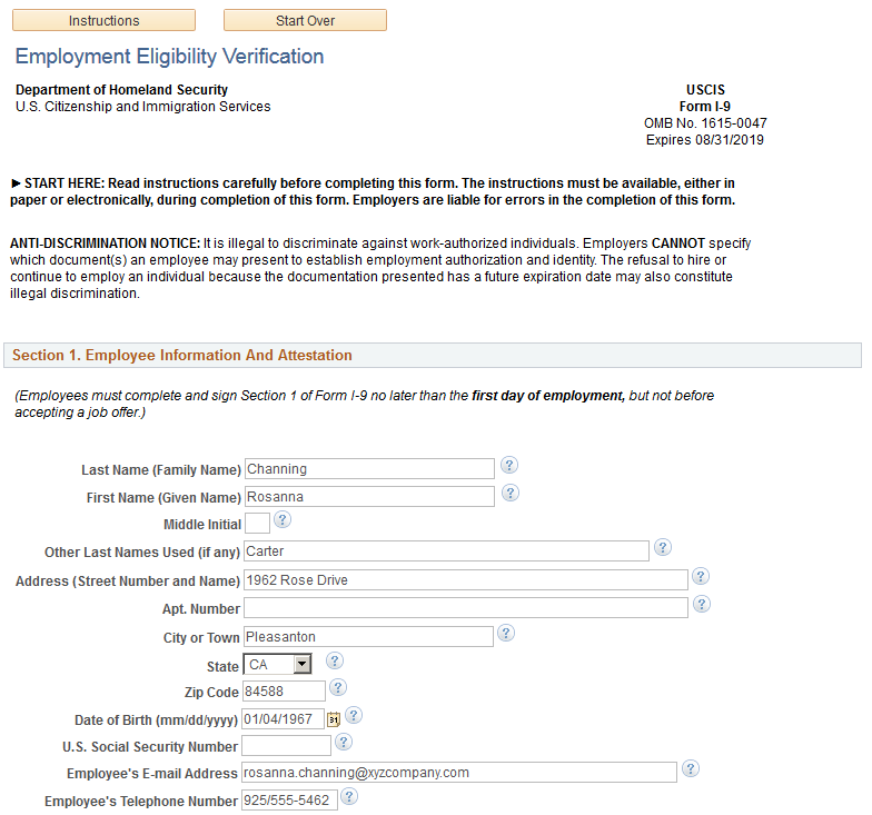 Employment Eligibility Verification page, Section 1 (1 of 3)