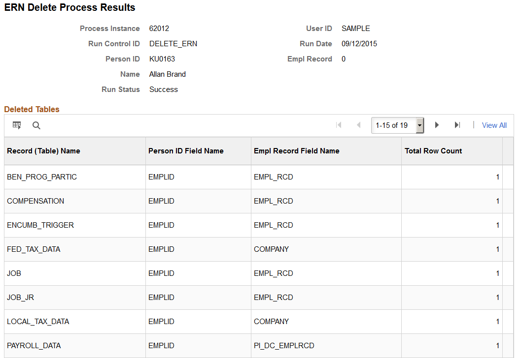 ERN Delete Process Results page - Run Status - Success