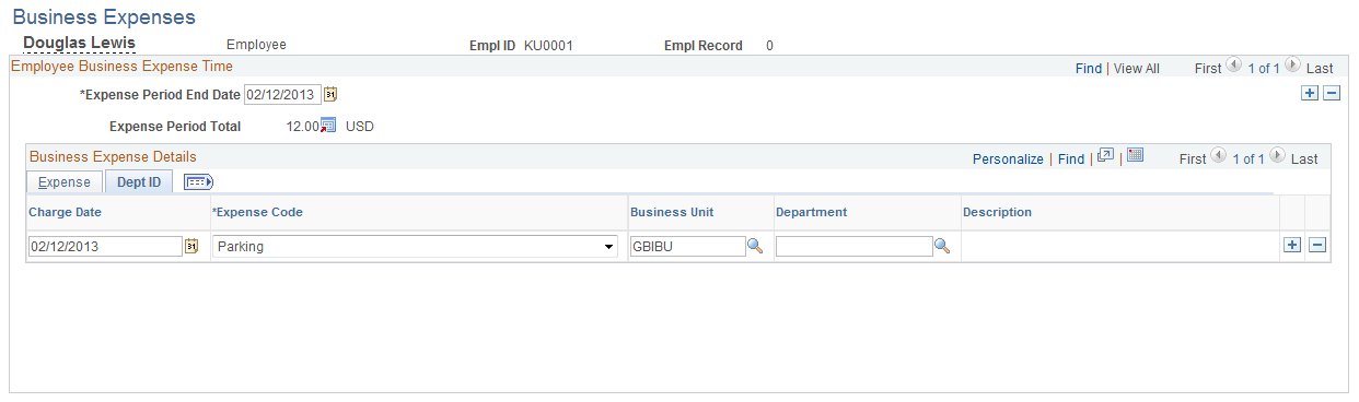 Business Expenses page: Dept ID tab