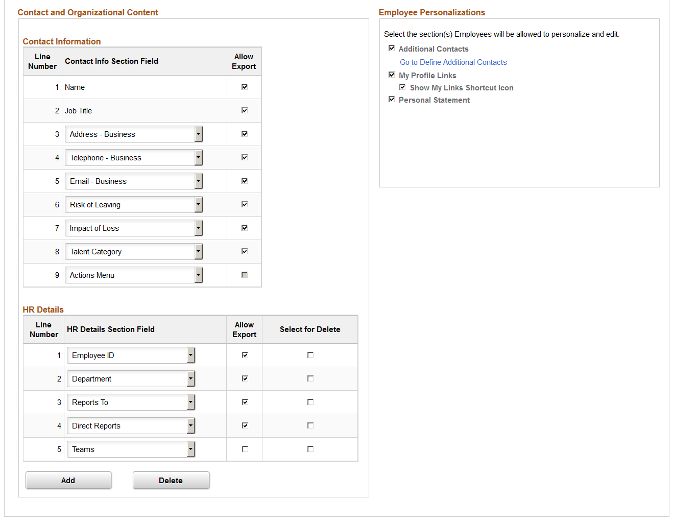 Chart and Profile Settings- Profile Content page for the Direct-Line Reports org view type (2 of 2)